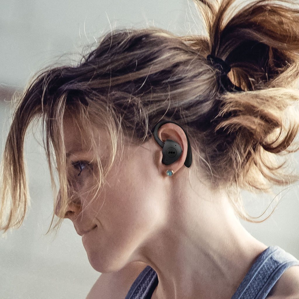 Woman wearing Jam Audio TWS Sport Truly Wireless Earbuds Black closeup