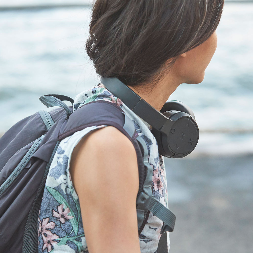 Woman wearing Jam Audio Already There On-Ear Wireless Headphones Black