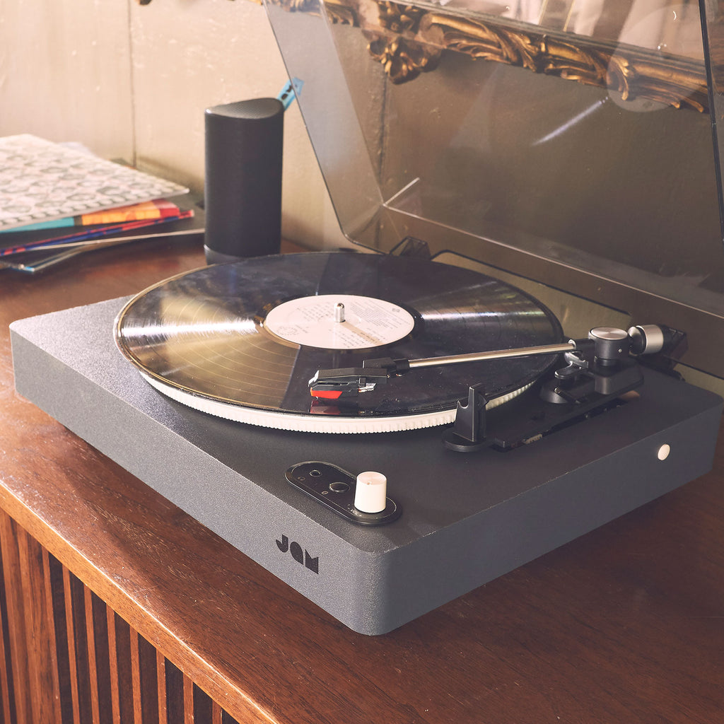 Jam Audio Spun Out Vinyl Turntable 3/4 view on bench